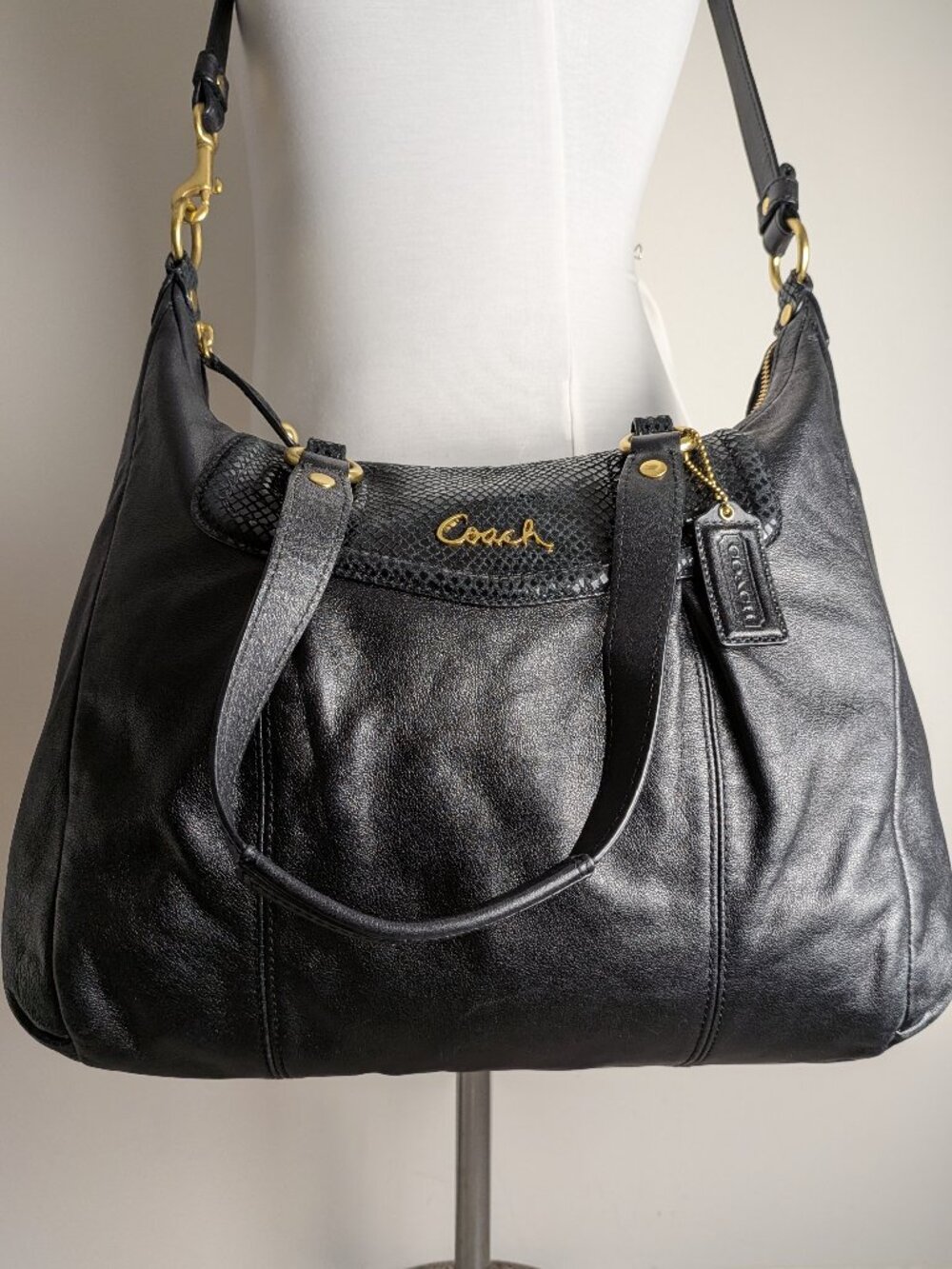 COACH Ashley 2 Way Tote Snake Embossed Leather Black Satchel Bag Gold